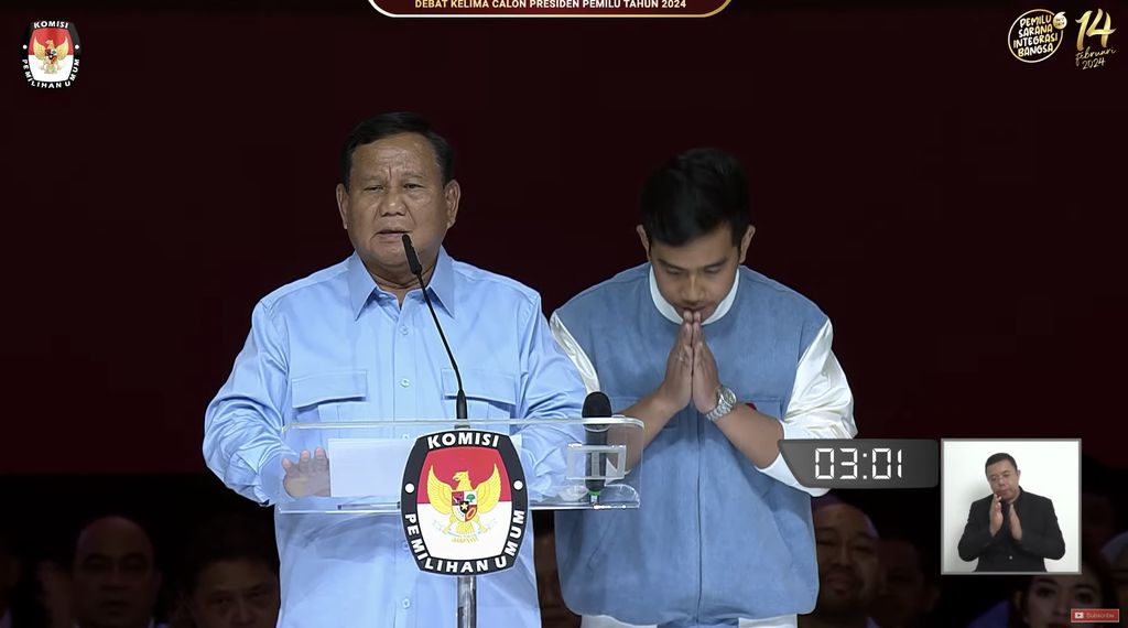 Pasangan Capres-Cawapres nomor urut 2 Prabowo Subianto dan Gibran Rakabuming Raka menyampaikan pesan penutup saat debat kelima calon presiden Pemilu 2024 di JCC, Jakarta, Minggu, (4/2/2024). (Tangkapan Layar Youtube KPU RI)