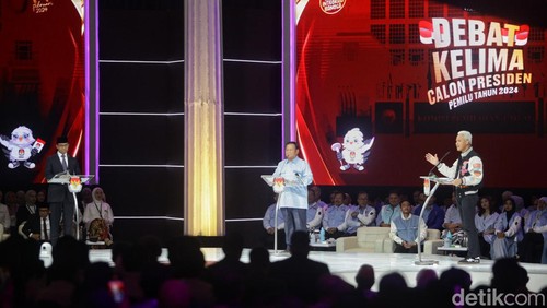 KPU RI menggelar debat kelima atau debat pamungkas Pilpres 2024 malam ini. Pada segmen awal, para capres menjawab pertanyaan dari panelis. Debat terakhir ini digelar di Jakarta Convention Center (JCC), Jakarta Pusat, Minggu (4/2/2024).