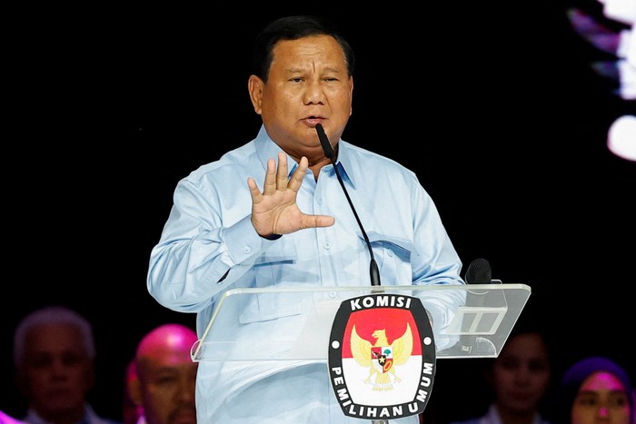 Indonesia’s Defence Minister and Presidential candidate Prabowo Subianto speaks during a televised debate ahead of the general election at the Jakarta Convention Center in Jakarta, Indonesia, February 4, 2024. REUTERS/Willy Kurniawan