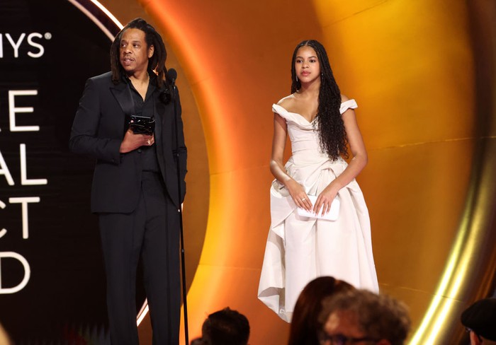 LOS ANGELES, CALIFORNIA - FEBRUARY 04: Jay-Z accepts the Dr. Dre Global Impact Award onstage with Blue Ivy Carter during the 66th GRAMMY Awards at Crypto.com Arena on February 04, 2024 in Los Angeles, California. (Photo by Kevin Mazur/Getty Images for The Recording Academy)