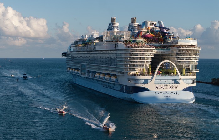 MIAMI, FLORIDA - FEBRUARY 03: In an aerial view, Royal Caribbeans Icon of the Seas, billed as the worlds largest cruise ship, is moored at PortMiami after returning from its maiden voyage on February 03, 2024, in Miami, Florida. The 1,197-foot long ship cost $1.79 billion to build, has 20 decks, and can hold a maximum of 7,600 people. (Photo by Joe Raedle/Getty Images)