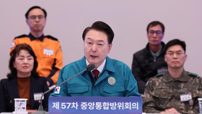 South Korean President Yoon Suk Yeol presides over the central integrated defence meeting in Seoul, South Korea, January 31, 2024. Yonhap via REUTERS/File Photo Acquire Licensing Rights