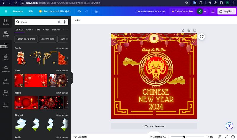 Memilih elemen desain twibbon imlek di Canva.