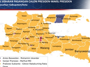 Peta Sebaran Pendukung Pilpres di Jatim Versi Survei Poltracking