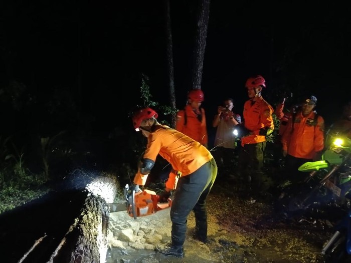 Petugas BPBD Cilacap memotong pohon tumbang yang menutup jalan menuju lokasi longsor di Desa Cijati, Kecamatan Cimanggu, Kabupaten Cilacap, Selasa (6/2/2024) dini hari.