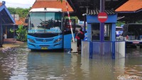 Potret genangan banjir di Terminal Purabaya Bungurasih/Foto: Suparno/detikJatim