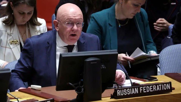 Russian Ambassador to the U.N. Vassily Nebenzia addresses the United Nations Security Council at U.N. headquarters in New York, U.S., October 18, 2023. REUTERS/Mike Segar Purchase Licensing Rights