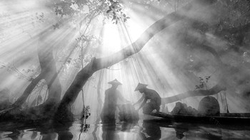 Karya yaw Htet dari Myanmar. Danau Inle di Myanmar terkenal dengan pemandangannya yang indah. Nelayan setempat menggunakan teknik mendayung kaki yang unik untuk menggerakkan perahu mereka, dan foto ini memperlihatkan pemandangan yang tenang, saat sepasang ikan sedang memancing di bawah naungan pohon yang megah dan luas. Pantulan air menambah sentuhan keindahan ekstra pada momen tersebut. Foto: Sony World Photography