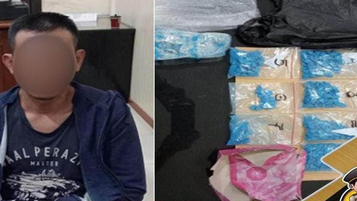 Penampakan tersangka pengedar ekstasi dan barang bukti yang diamankan di Muaro Jambi, Jambi