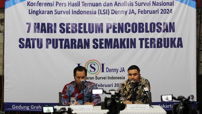 Prabowo-Gibran Punya Potensi Menang Satu Putaran Versi LSI Peneliti senior LSI Denny JA, Adjie Alfaraby (kanan) didampingi moderator Fadhli Fakhri Fauzan memaparkan temuan dan analisis Survei Nasional bertajuk