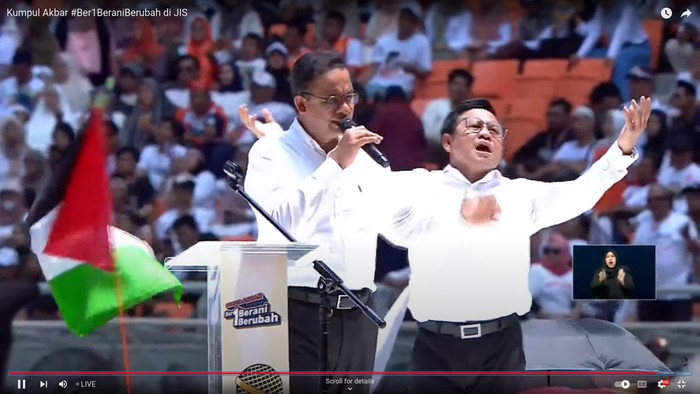 Anies Baswedan saat berpidato di JIS didampingi Cak Imin (screenshot YouTube Anies Baswedan)