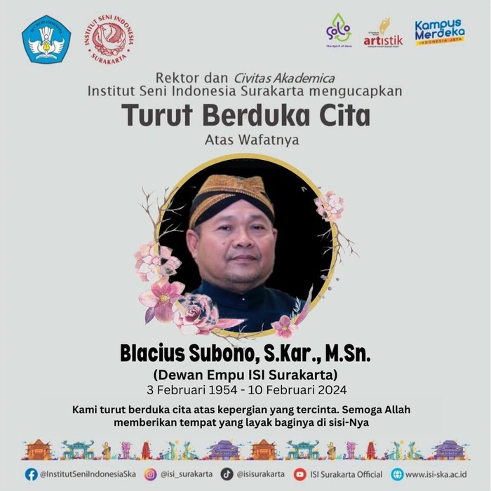 Dewan Empu ISI Surakarta yang berdandan sebagai tokoh Semar meninggal dunia saat tampil di kampanye Ganjar Pranowo-Mahfud Md di depan Balai Kota Solo. (dok @isi_surakarta)