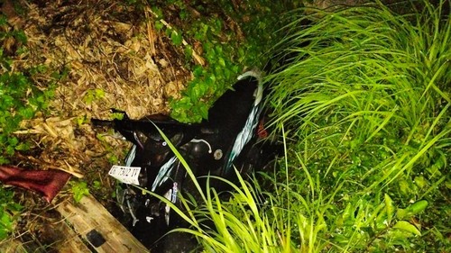 Motor matik yang diduga dikendarai pria bertato jatuh di selokan di Desa Munggu, Badung, Sabtu (10/2/2024) petang. (dok Polres Badung)