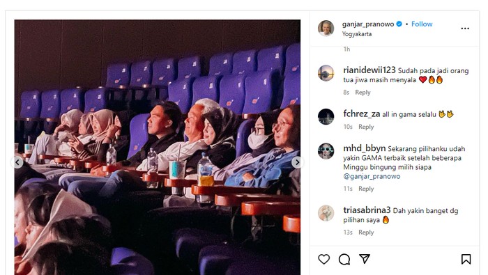 Capres Ganjar Pranowo dan istrinya Siti Atikoh menonton film di bioskop Jogja, Senin (12/2/2024).