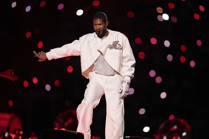 Usher performs during halftime of the NFL Super Bowl 58 football game between the San Francisco 49ers and the Kansas City Chiefs Sunday, Feb. 11, 2024, in Las Vegas. (AP Photo/Brynn Anderson)