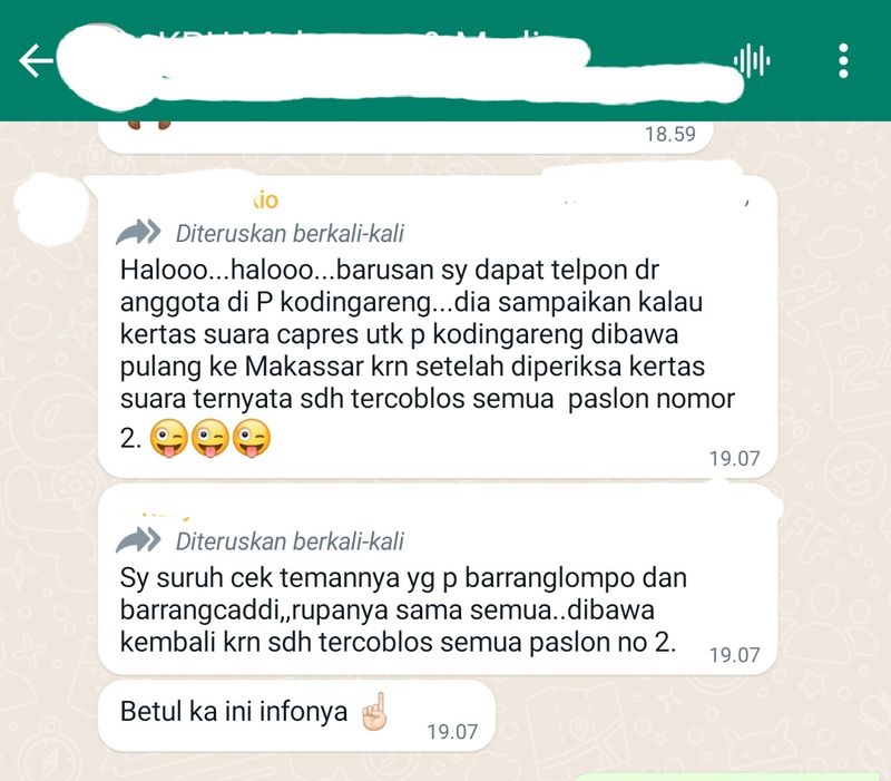 Isi pesan berantai terkait surat suara di Pulau Kodingareng, Makassar, Sulsel sudah tercoblos.