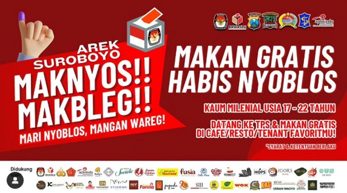 Habis nyoblos, warga Surabaya bisa makan gratis di 55 tempat makan berikut ini, Rabu (14/2). Ini merupakan promo Pemilu 2024 di Kota Pahlawan.