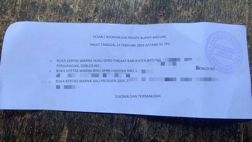 Selebaran ajakan memilih caleg tertentu yang beredar di Kerobokan Kaja, Kuta Utara, Badung. Selebaran itu mencatut nama Bupati Badung I Nyoman Giri Prasta. (Foto: Istimewa)