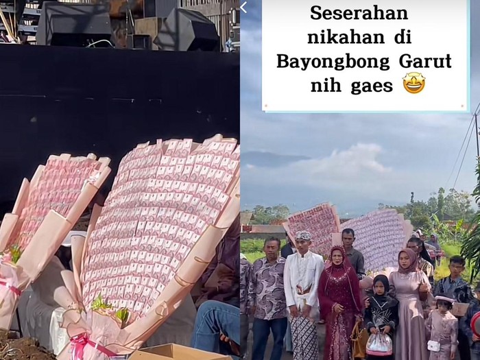 Acara seserahan viral ada dua buket uang ukuran jumbo dan perlengkapan rumah di Bayongbong, Garut, Jawa Barat