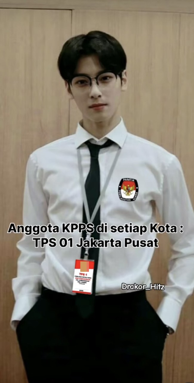 Jangan sampai golput ya. Ada mas Cha Eun Woo, anggota KPPS yang nunggu kehadiran kamu di TPS 01 Jakarta Pusat. Foto: dok. TikTok @drakor_hitz2