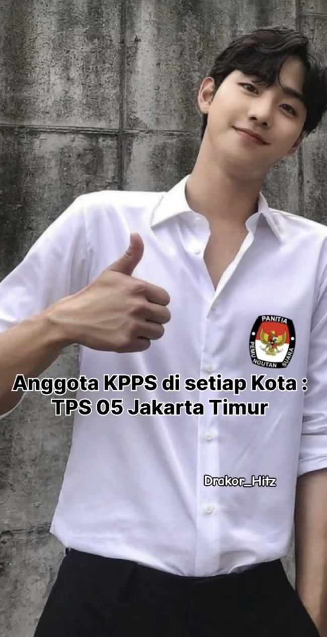 Warga Jakarta Timur jangan sampai salah fokus ya, kalau lihat bang Ahn Hyo Seop bertugas jadi anggota KPPS di TPS 05. Foto: dok. TikTok @drakor_hitz2