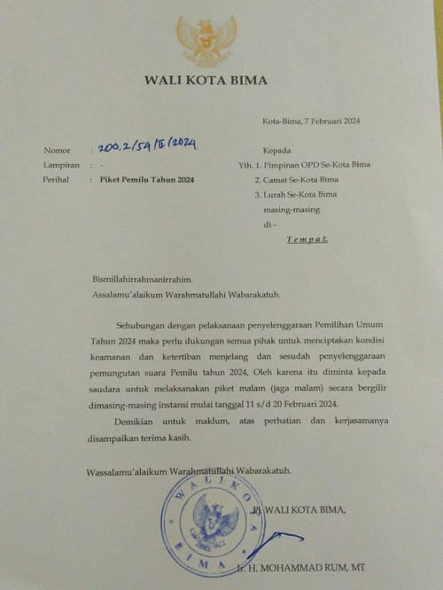 Edaran Pj Wali Kota Bima terkait piket malam untuk ASN selama Pemilu 2024.