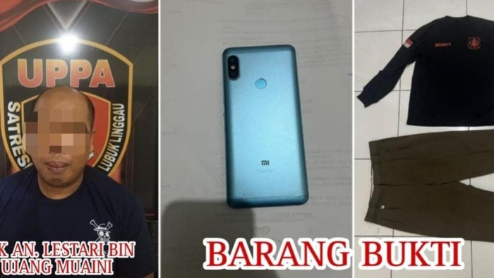 Satpam SD di Lubuklinggau dan barang bukti saat diamankan polisi.