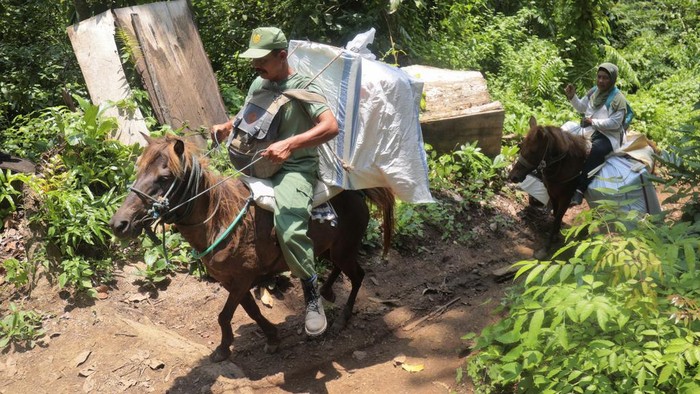 Electoral workers load ballot boxes and other election paraphernalia on to horses to distribute them to polling stations in remote villages in Andongrejo, East Java, Indonesia, Tuesday, Feb. 13, 2024. Indonesia, the world's third-largest democracy, will open its polls on Wednesday, Feb. 14, to nearly 205 million eligible voters in presidential and legislative elections, the fifth since Southeast Asia's largest economy began democratic reforms in 1998. (AP Photo/Trisnadi)