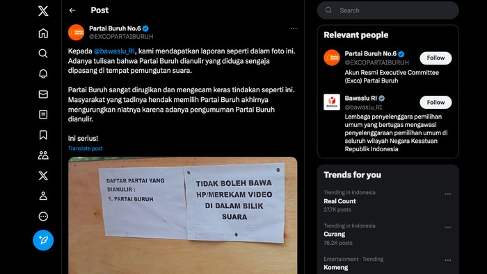 Partai Buruh mengadu ke Bawaslu karena partainya dituliskan masuk daftar partai yang dianulir pada salah satu TPS. Bawaslu persilakan Partai Buruh melapor. (repro/dok ist)