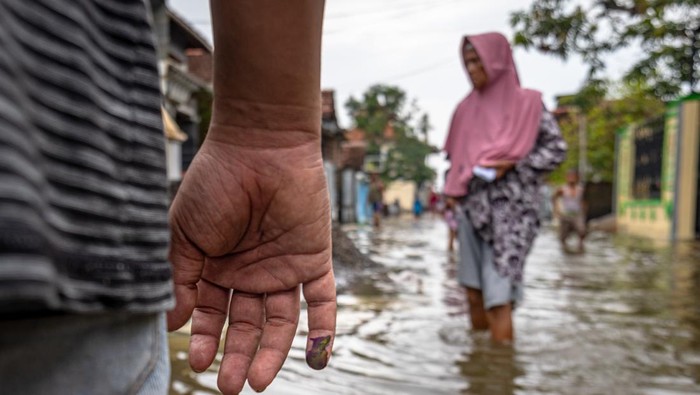 Warga menembus banjir seusai menggunakan hak pilihnya pada Pemilu 2024 di Tempat Pemungutan Suara (TPS) 02 yang terkepung banjir di Desa Ngelowetan , Kecamatan Mijen, Kabupaten Demak, Jawa Tengah, Rabu (14/2/2024). Sejumlah TPS di Kecamatan Mijen terpaksa dipindahkan ke area yang lebih aman dari genangan  banjir pada hari Pemilu 2024 karena adanya banjir di luar prediksi pada Selasa (13/2) dini hari limpasan aliran banjir Kecamatan Karanganyar, Kabupaten Demak. ANTARA FOTO/Aji Styawan/aww.
