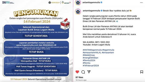 Emas Antam tutup sementara dalam rangka Pemilu 2024