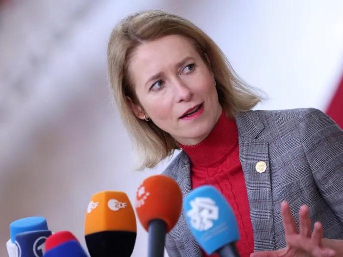 Estonian Prime Minister Kaja Kallas speaks to the press as she attends a European Union summit in Brussels, Belgium, on February 1, 2024 [Reuters]