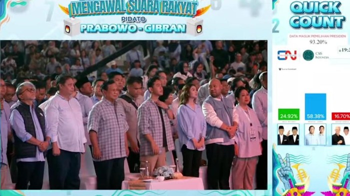 Prabowo Pidato di Istora, Didiet Duduk Diapit Titiek Soeharto dan Selvi (tangkapan layar Waktunya Indonesia Maju).