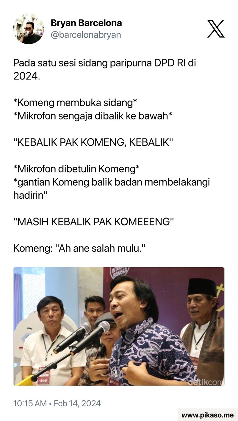 Komeng maju menjadi calon DPD RI Dapil Jawa Barat dengan nomor urut 10. Di X, netizen ramai membagikan meme pelawak senior tersebut. Sampai capek ngakak.