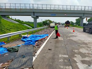 Pikap Terguling di Tol Jomo, Muatan Ikan Lele Berceceran