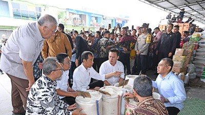 Momen Jokowi Jongkok Cek Beras di Tengah Heboh Pasokan Langka
