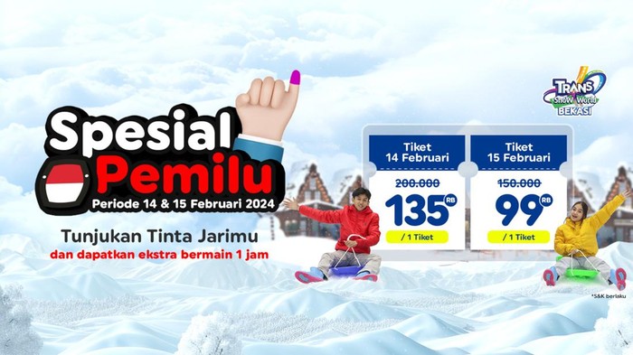 Bagi yang sudah membuktikan partisipasinya dalam Pemilu 2024 dengan menunjukkan tinta di jari ke loket, kini hadir kesempatan istimewa untuk menikmati harga diskon serta tambahan waktu bermain di Trans Snow World.
