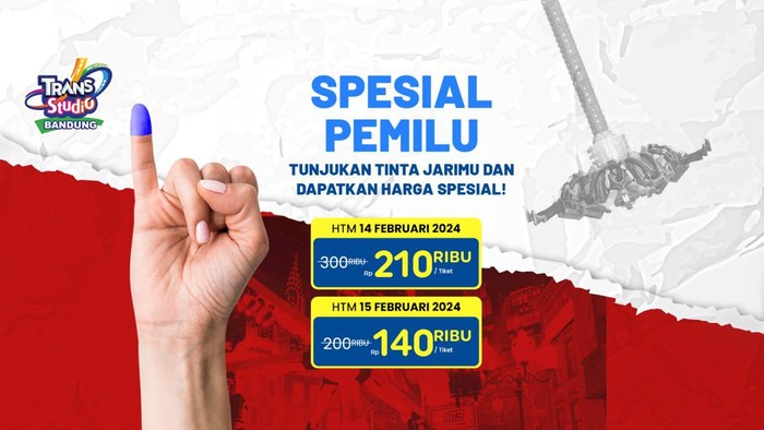 Trans Studio Bandung dan Trans Studio Cibubur menghadirkan Promo Spesial Pemilu! Siapa pun yang menunjukkan tinta jari di loket tiket pada tanggal 14-15 Februari 2024
