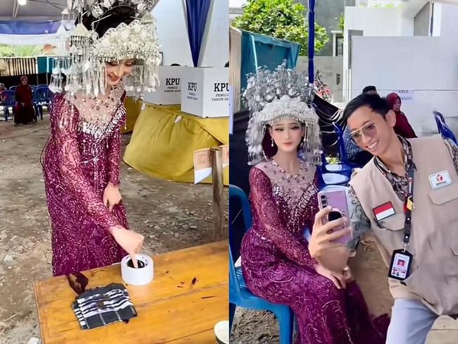 Viral Wanita Nyoblos Pemilu Pakai Busana Pengantin Lengkap dengan Suntiang