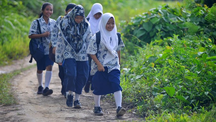Perjuangan Siswa di Mentawai ke Sekolah Jalan Kaki Selama 2 Jam Sejumlah pelajar SMP berjalan kaki sepulang sekolah di Dusun Ugai, Desa Madobag, Siberut Selatan, Kabupaten Kepulauan Mentawai, Sumatera Barat, Kamis (15/2/2024). Pelajar di daerah tersebut harus berjalan kaki hingga dua jam untuk pergi atau pulang dari sekolah mereka di pedalaman karena ketiadaan transportasi umum. ANTARA FOTO/Iggoy el Fitra/tom.