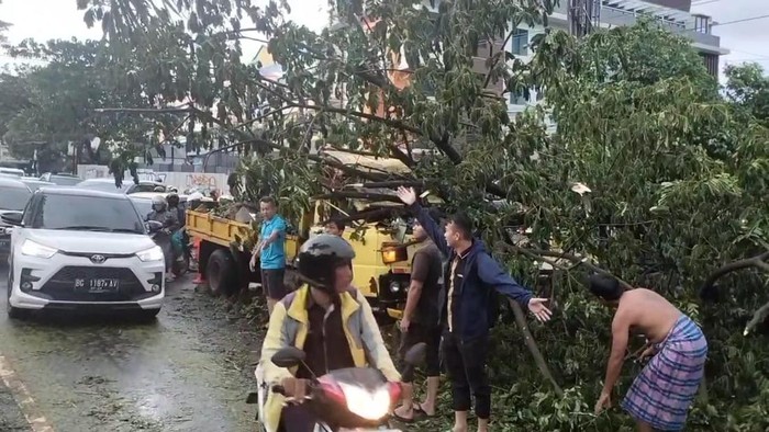Warga berupaya mengevakuasi mobil truk tertimpa pohon tumbang di Jalan Basuki Rahmat, Kota Palembang.