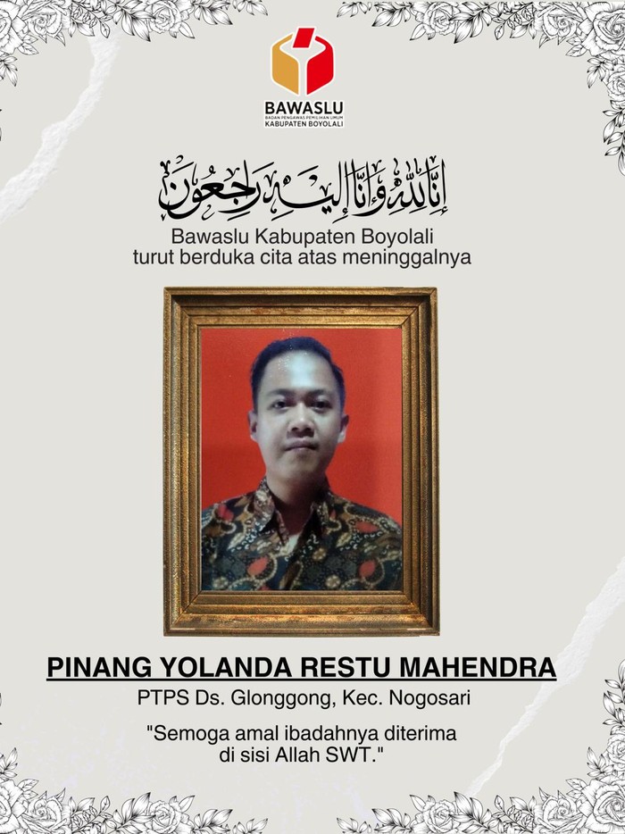 Pinang Yolanda Restu Mahendra, anggota Pengawas TPS di Boyolali dilaporkan meninggal sebelum bertugas. Foto diunggah Sabtu (17/2/2024).
