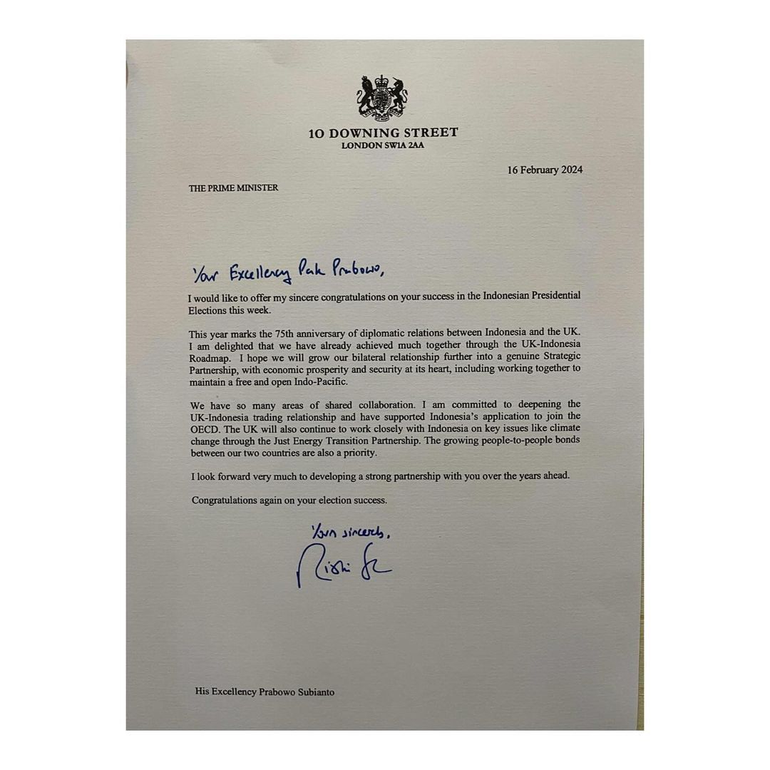 Calon Presiden nomor urut 2 Prabowo Subianto mendapatkan surat dari Perdana Menteri Inggris Rishi Sunak. (Instagram @prabowo)
