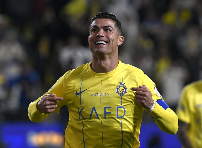Soccer Football - Saudi Pro League - Al Nassr v Al Fateh - Al-Awwal Park, Riyadh, Saudi Arabia - February 17, 2024 Al Nassrs Cristiano Ronaldo celebrates scoring their first goal REUTERS/Yazeed Aldhawaihi