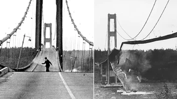 Jembatan Tacoma Narrows adalah jembatan ikonik dengan bentang panjang yang dibangun di negara bagian Washington di AS pada tahun 1930an. Leon Moisseiff merencanakan desain bangunan jauh lebih fleksibel daripada rasio standar yang dapat diterima. Pada tanggal 7 November 1940, angin kencang dengan kecepatan 40 mph menghantam area tersebut dan jembatan terombang-ambing secara signifikan. Menara jembatan terbuat dari baja karbon struktural yang kuat, namun terbukti tidak mampu menahan gerakan kekerasan yang akhirnya menyebabkan jembatan runtuh. Foto: Unbelivable Facts