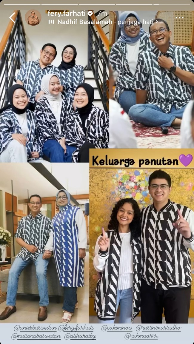 Tak hanya untuk Anies dan Fery, Dian juga membuat busana tersebut untuk keluarga mereka dan keluarga Cak Imin.Hari ini berkegiatan dengan outfit couple karya Mbak @dianpelangi. Terima kasih sudah dibuatkan khusus untuk keluarga AMIN 😊. WE LOVE IT!!! 😍 tulis ibu empat anak itu. (Foto: Instagram/@fery.farhati)