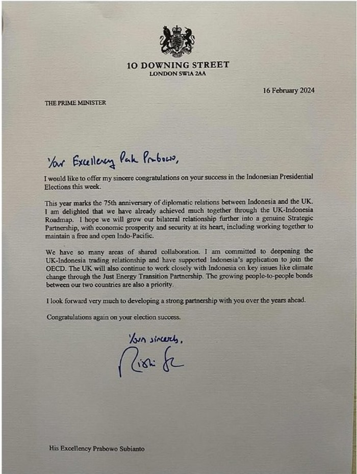 Surat Rishi Sunak untuk Prabowo (dok. Instagram @ukinindonesia)