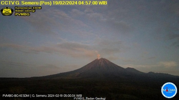 gunung semeru erupsi Senin, 19 Februari 2024, pukul 04:56 WIB dengan tinggi kolom abu teramati ± 800 m
