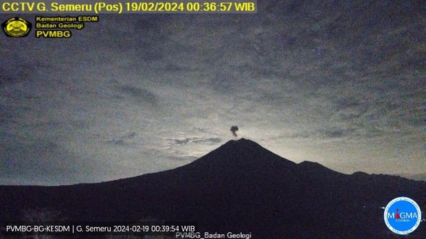 gunung semeru erupsi Senin, 19 Februari 2024, pukul 04:56 WIB dengan tinggi kolom abu teramati ± 800 m
