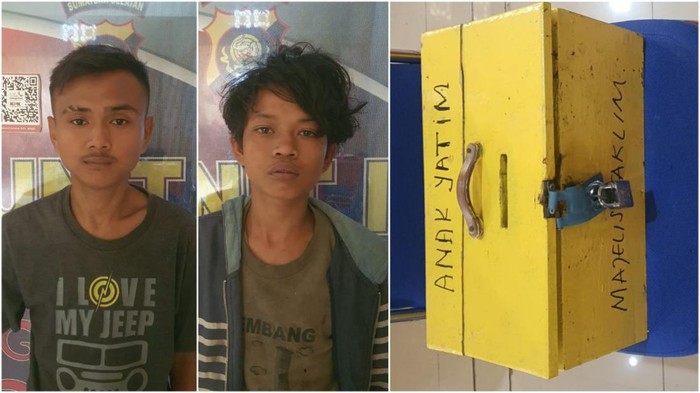 Kedua tersangka pencurian kotak amal di Prabumulih dan barang bukti diamankan polisi.